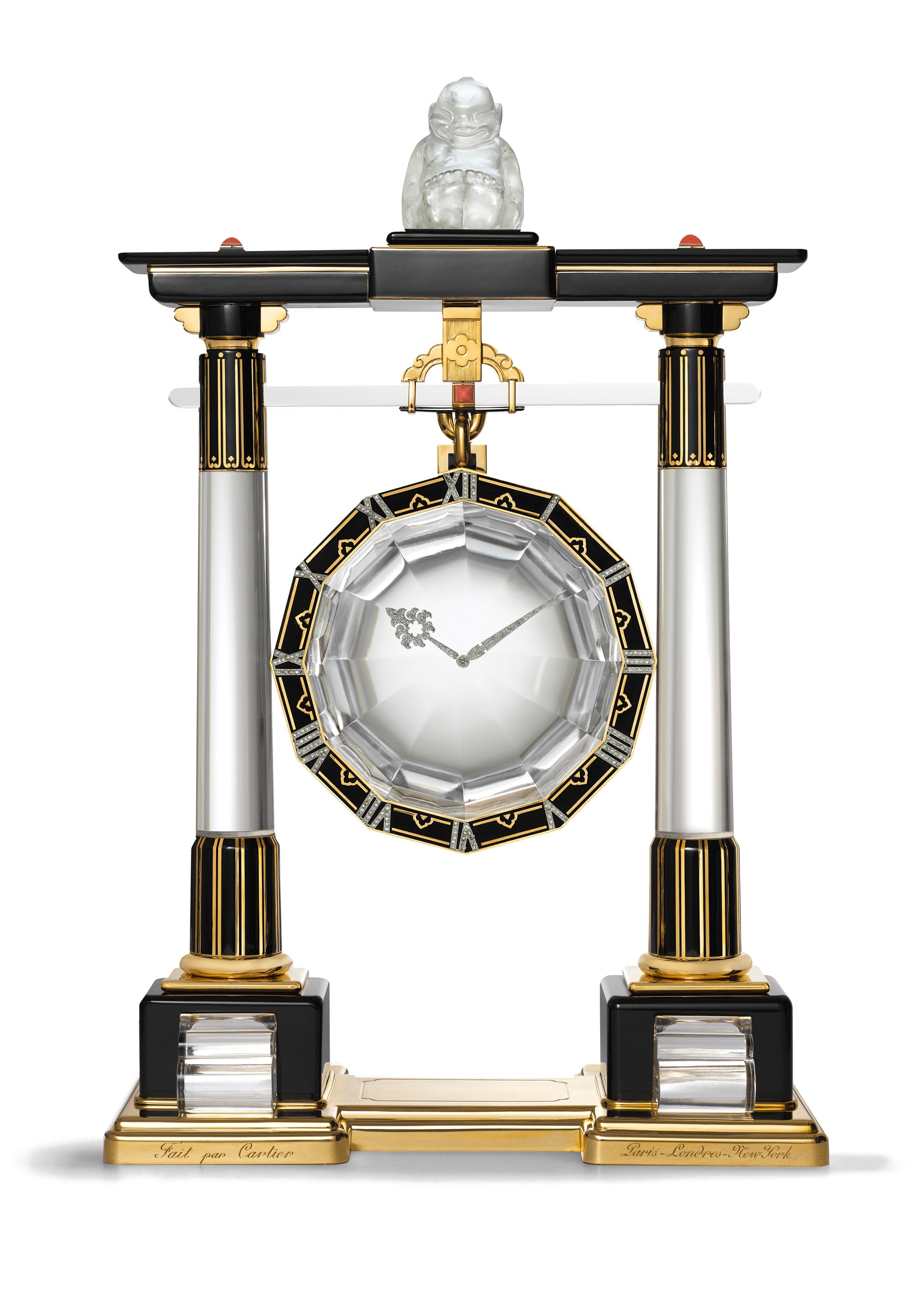 ”Large Portico Mystery Clock” Cartier, Paris, 1923, Gold, Platinum, Rock Crystal, Diamond, Coral, Onyx, Black Enamel Cartier Collection Marian Gérard, Cartier Collection © Cartier