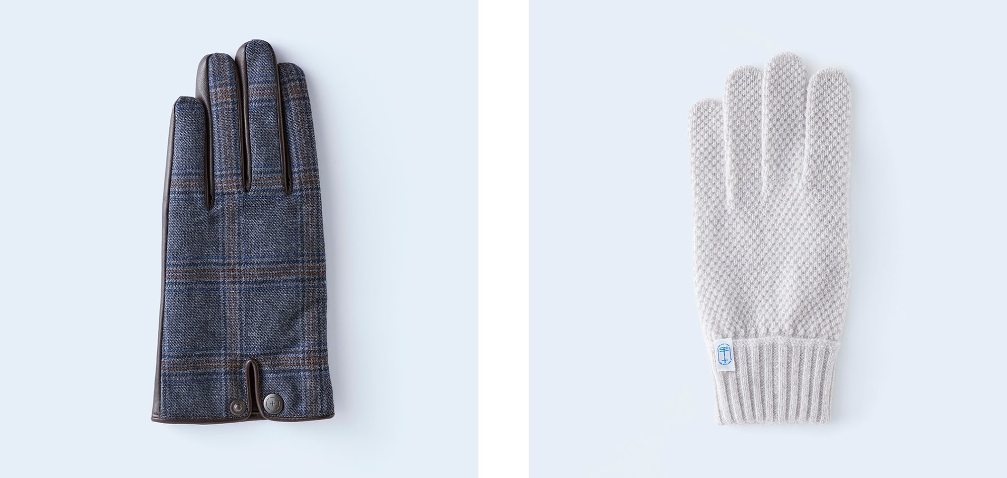 スーツにも、カジュアルウェアにもぴったりな手袋が揃う。左のグレンチェック×レザーの手袋は導電革使用。スマートフォンの操作もできる。 「glen check MEN blue gray」（16,500円）、「kanoko MEN beige mix」（12,100円）