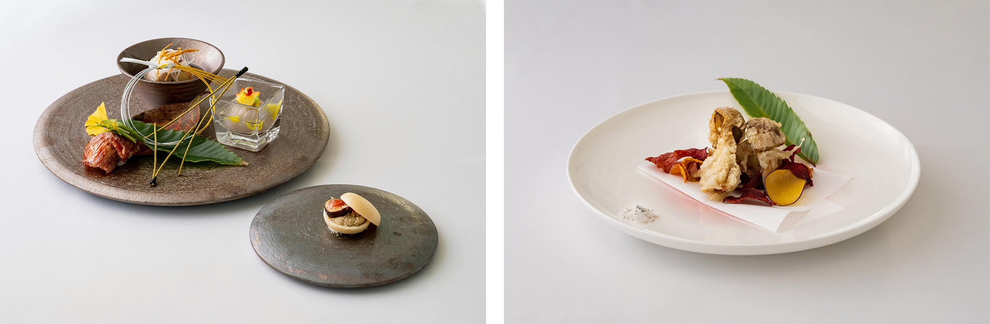 左：美麗和食的前菜。右：義大利的新鮮牛肝菌天婦羅。
