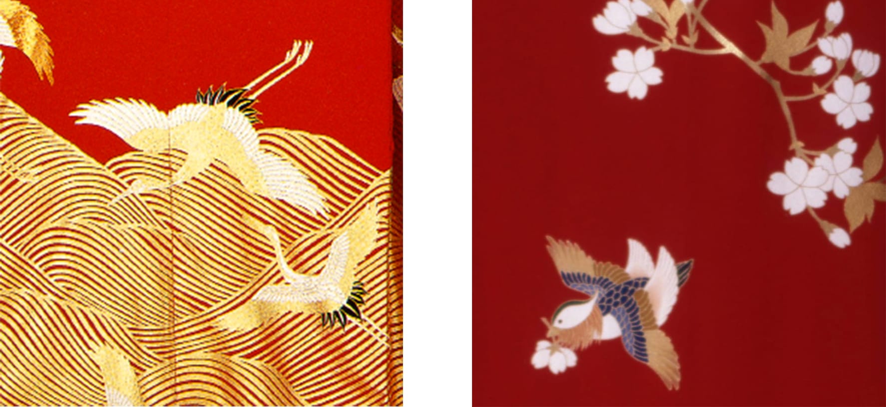 日本の瑞鳥の代表である鶴を主題にしたきもの（左）や雌雄仲睦まじい鴛鴦をモチーフにしたきもの（右）は、慶事の晴着として愛されてきた