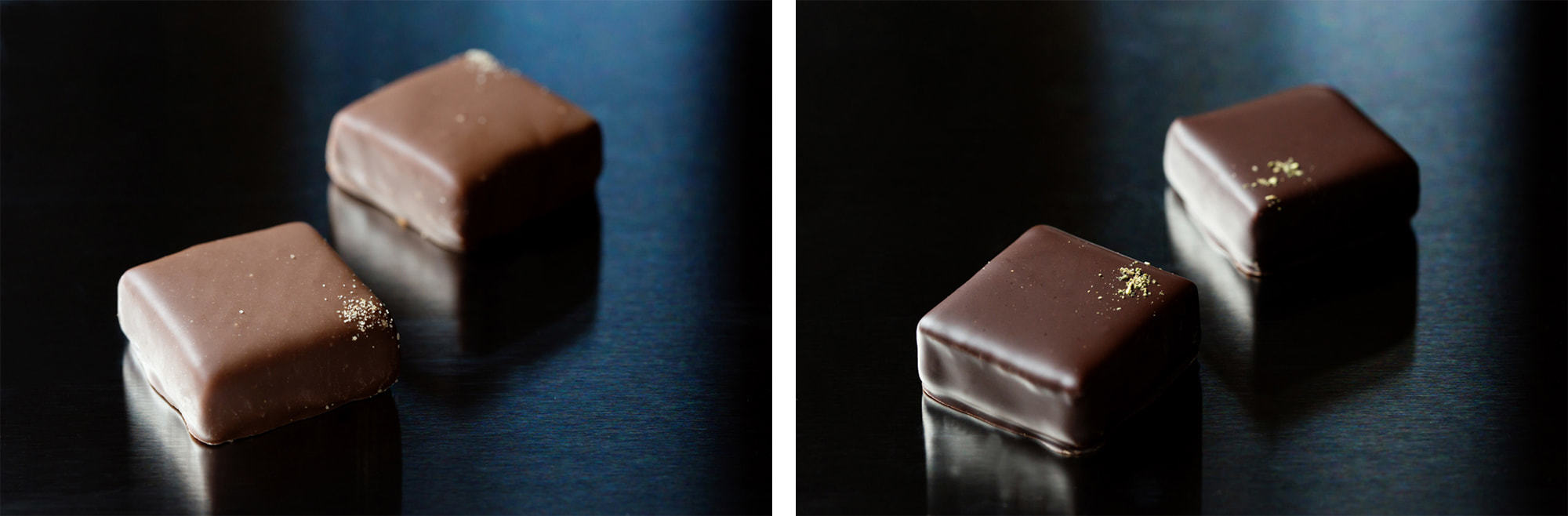 写真左から、ミルクチョコレートに特殊な製法で燻製香をとじこめた「スモーク」とみどりのダイヤと呼ばれるぶどう山椒の清涼感ある風味広がる「ぶどう山椒」。各250円（税別）