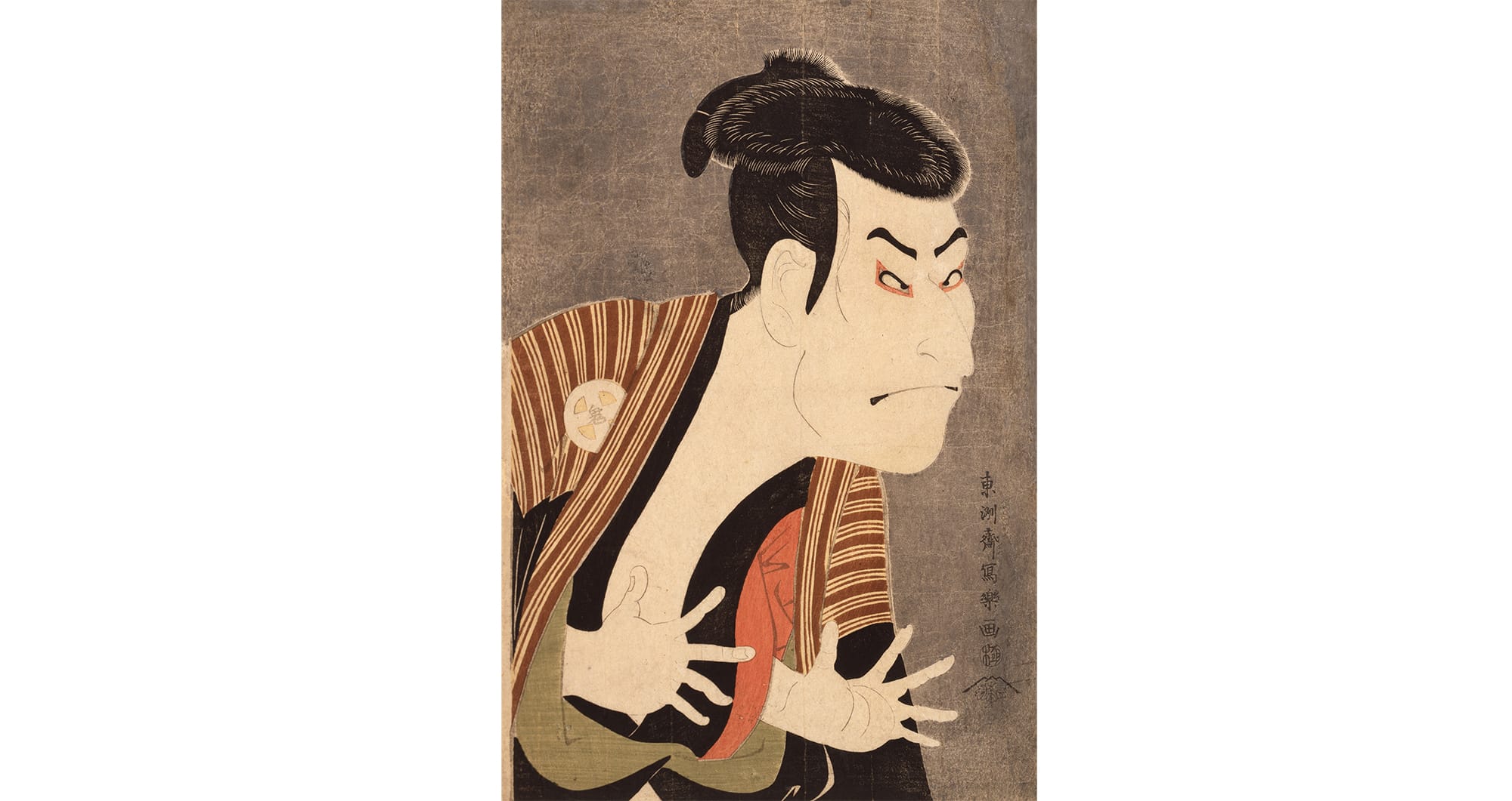 東洲斎寫樂「三代目大谷鬼次江戶兵衛」大判 錦繪（彩色版畫） 寬政6年（1794）5月　日本浮世繪博物館
似明星寫真的「役者繪」（Yakusha-e）（繪畫題材多是當時歌舞伎的演員），當時非常有人氣，也是觸發浮世繪滲透到一般平民百姓的原因。
