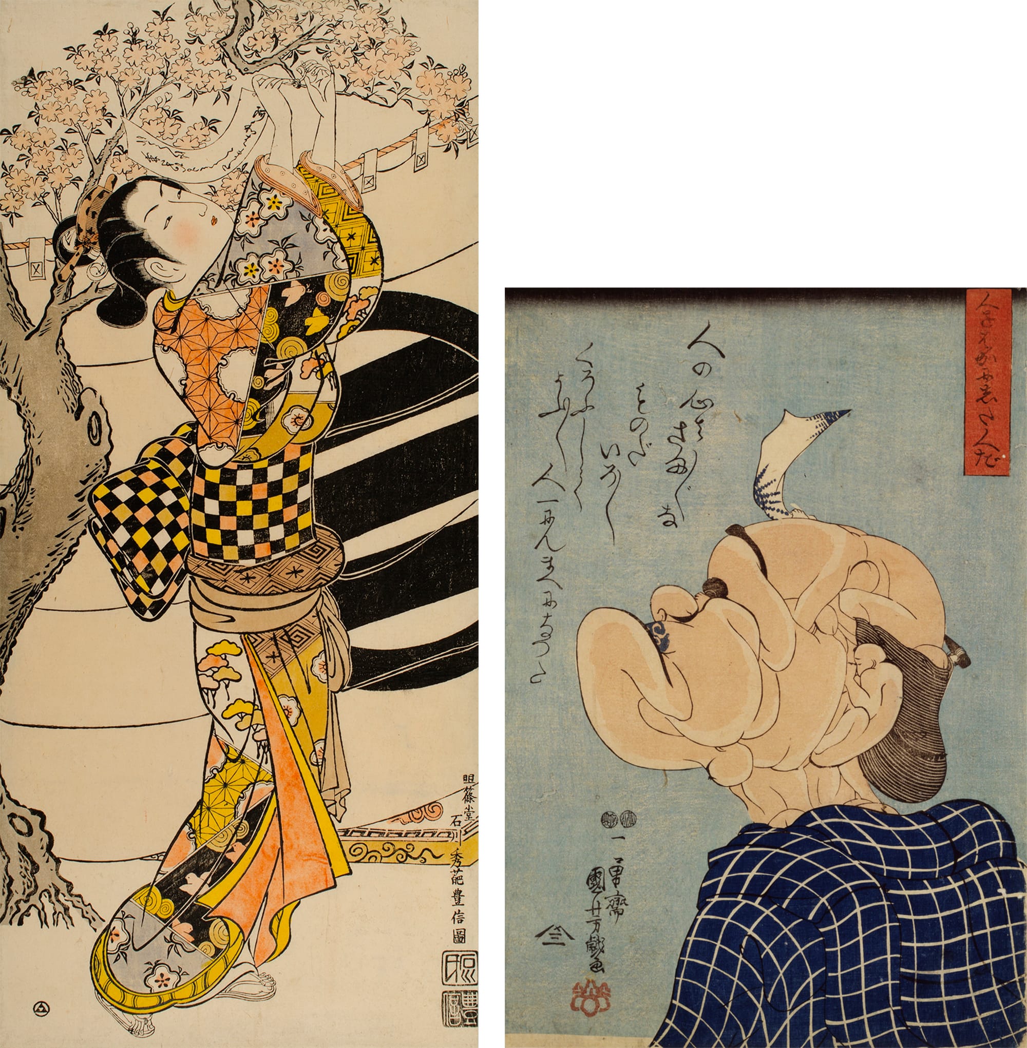 Left: Important Cultural Property, Ishikawa Toyonobu, Woman under the cherry blossoms, O-Oban, Beni-e, Enkyo Era (1774-1748), Hiraki Ukiyo-e Foundation. The Bijin-ga (beautiful women print) were the mainstream of Ukiyo-e and the prints functioned as a medium for spreading the fashion trends. Right: Utagawa Kuniyoshi, A Tricky Fellow Fond of Mischief, Oban, Nishiki-e, 4th year of the Kōka Era (1847), Japan Ukiyo-e Museum.