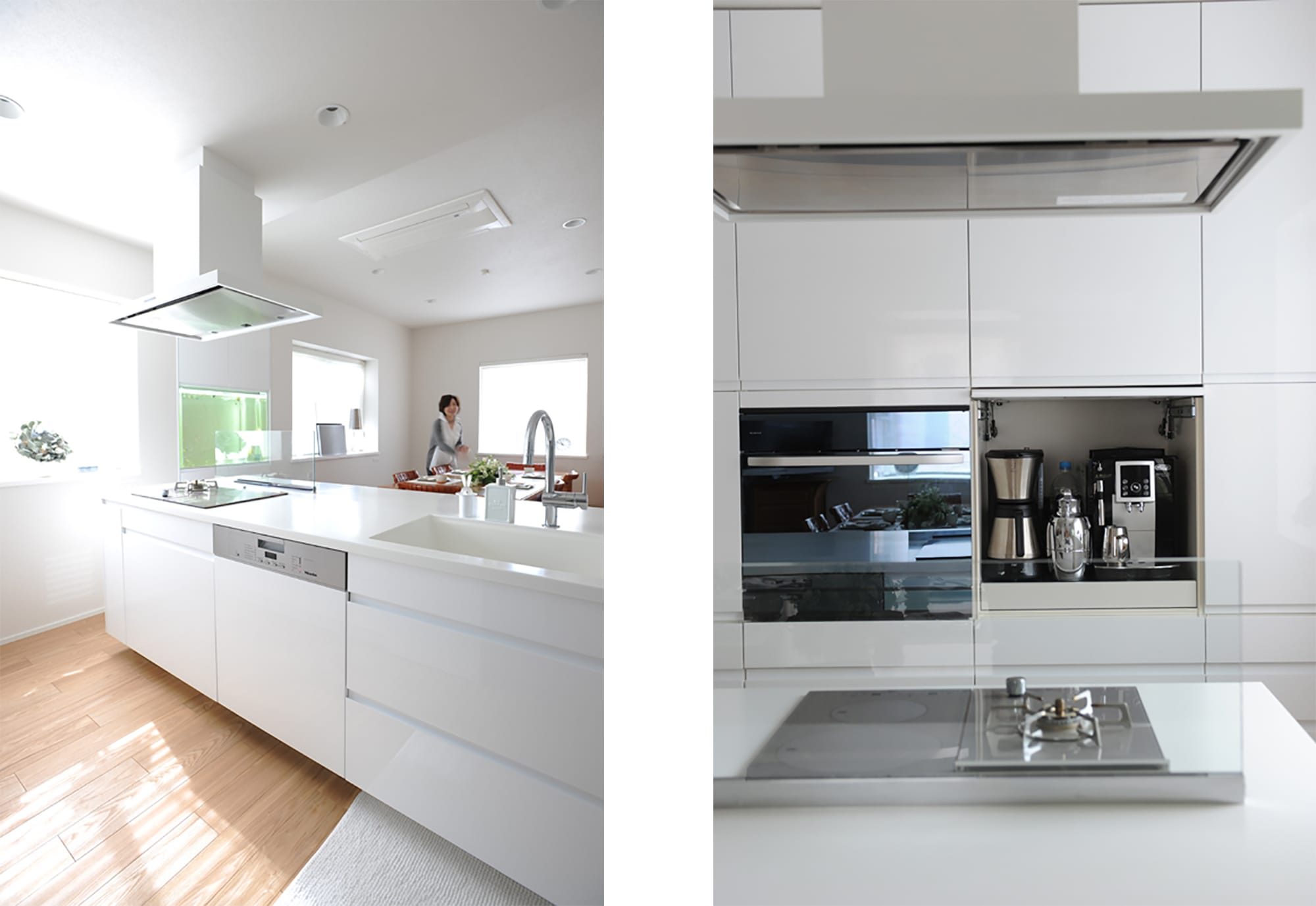 左：シンクまで真っ白なキッチン。左手にある水槽はキッチンと一緒に制作したもの。右：使いやすさを優先し、コーヒーマシンは目の高さに設置。その上の棚にはコーヒー豆や茶葉がストックされている。キッチン製作＝クチーナ／住宅設計＝三菱地所ホームPhotography by Yukinori Okamura