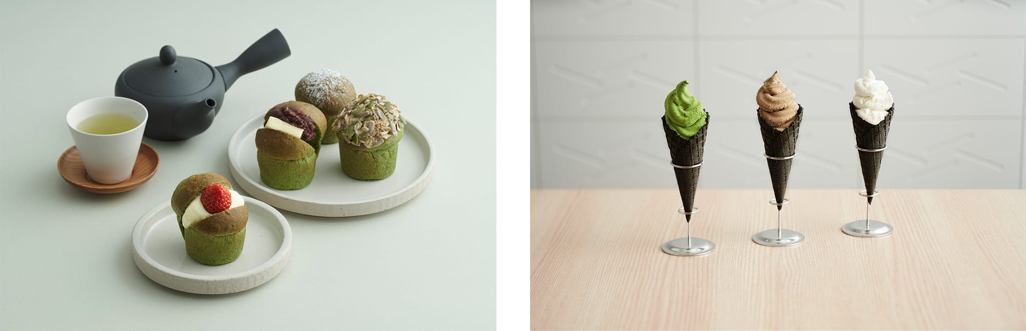 左：静岡産抹茶の鮮やかな緑色が美しい「抹茶パン」（300円〜）右：宇治抹茶を3.5％も使用した「濃茶ジェラート」（450円）など、ジェラートも人気。
