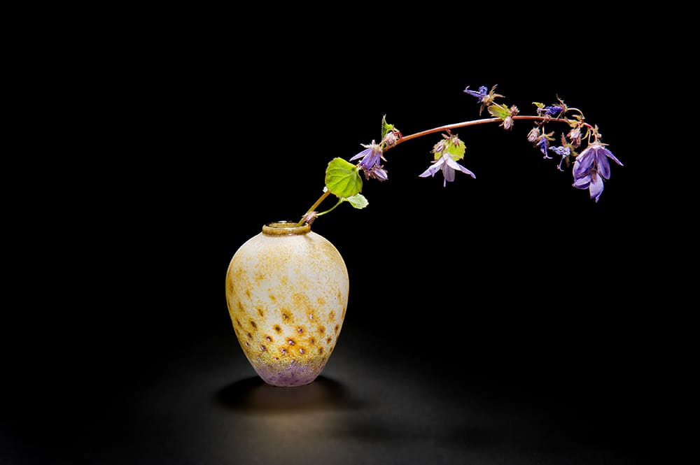 橋村野美知の「一輪挿し」。「野美知の一輪挿しに小さな野花を生けるだけで、部屋に禅の空間ができる」とダシャ。Photography by Japanese Glass