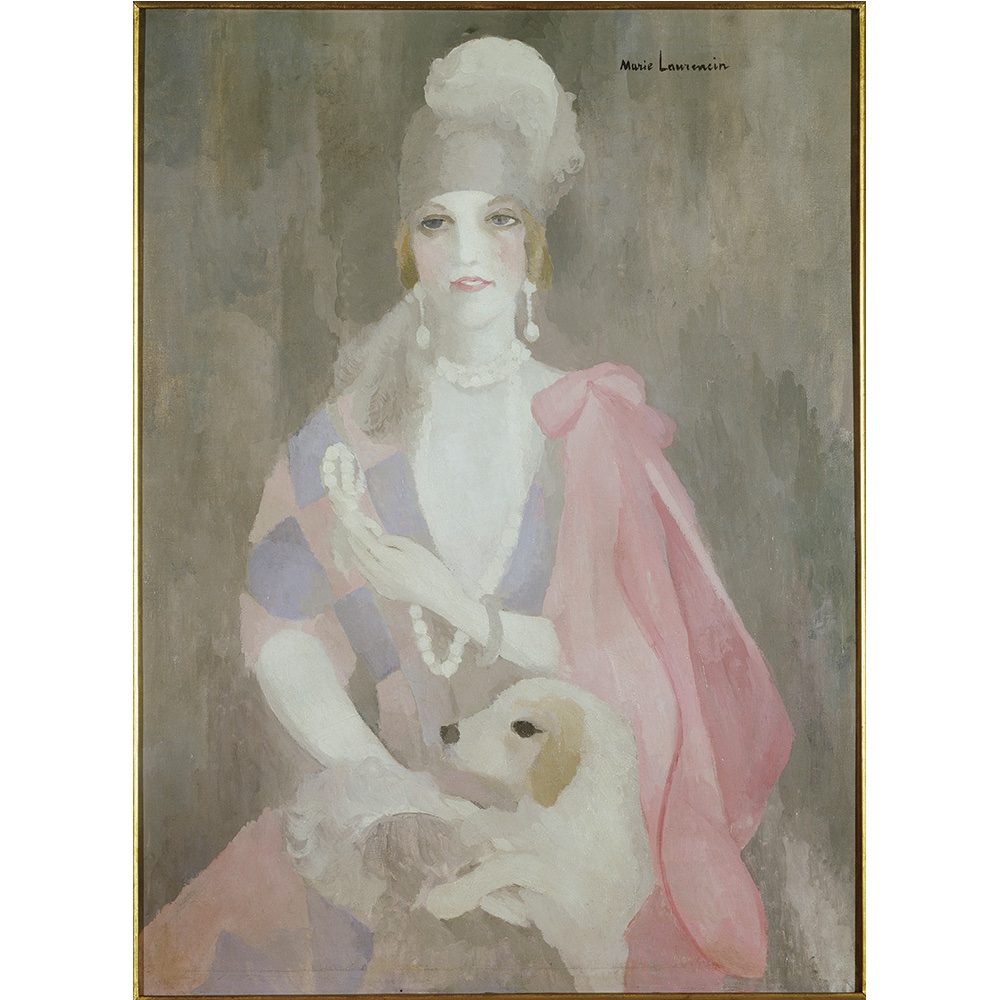 マリー・ローランサン　ピンクのコートを着たグールゴー男爵夫人の肖像