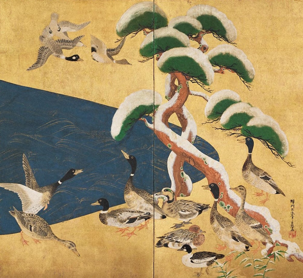 尾形光琳の「雪松群禽図屏風」 江戸時代前期　18世紀初頭