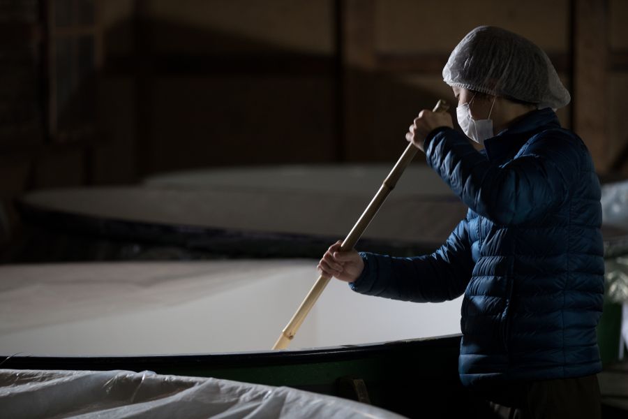 仕込みの醪に櫂を入れる様子(皓平)