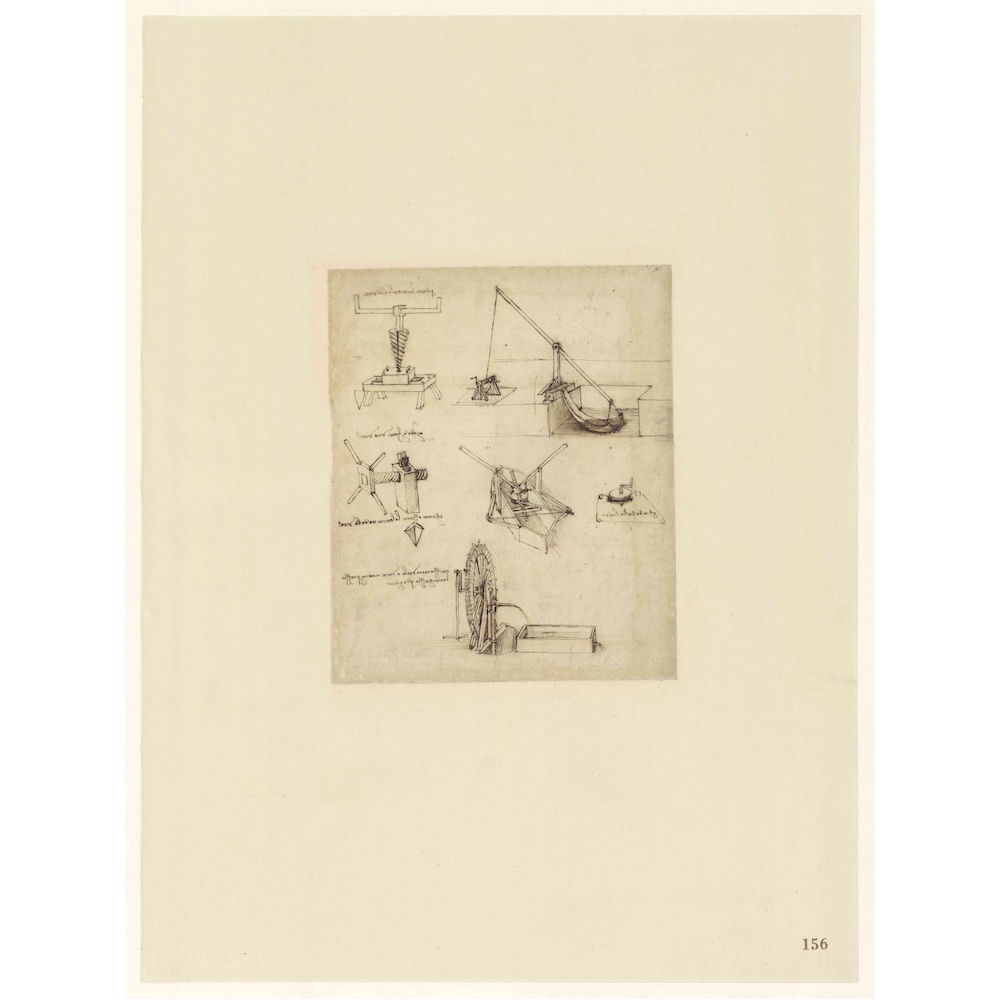 レオナルド・ダ・ヴィンチ『アトランティコ手稿』第156紙葉 表《水を汲み上げ、ネジを切る装置》
