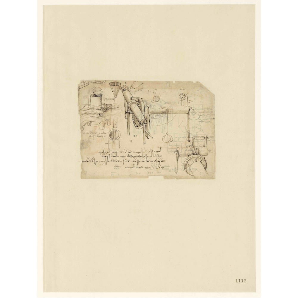 レオナルド・ダ・ヴィンチ『アトランティコ手稿』第1112紙葉 表《巻き上げ機と油圧ポンプ》