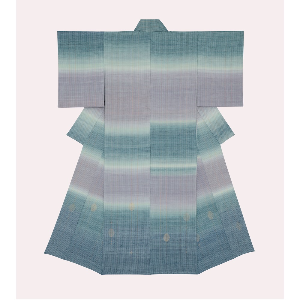 "Oborozukiyo" (Misty Moonlit Night) 2025, supervised and produced by Fukumi Shimura, Miyako Kobo, silk thread and gold thread / purple gromwell, indigo, Japanese yew, Clerodendrum trichotomum [On display throughout the period]