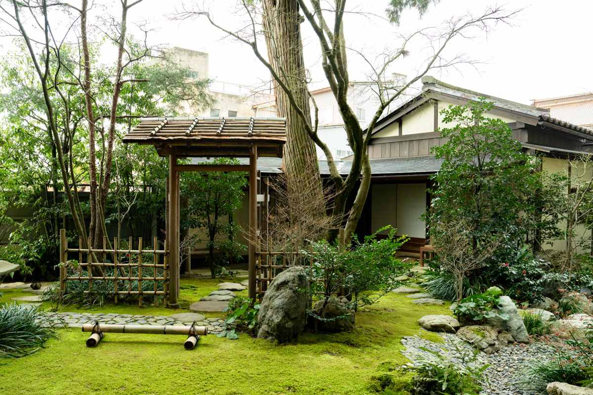 トラベルライブラリーの窓から茶室が見えます。苔の蒼さが麗しい。